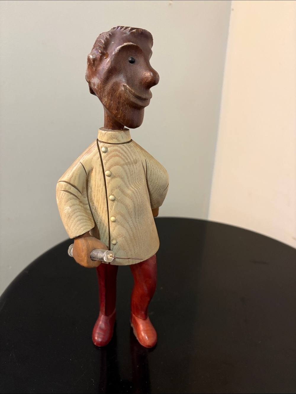Handcrafted Wooden Chef Figurine in Brown, Cream & Red